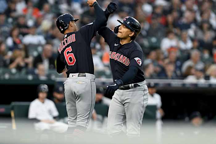 Sep 29, 2023; Detroit, Michigan, USA; Cleveland Guardians catcher Bo Naylor (23) (right) celebrates with shortstop Brayan Rocchio (6) after hitting a two-run home run against the Detroit Tigers in the second inning at Comerica Park. Mandatory Credit: Lon Horwedel-USA TODAY Sports